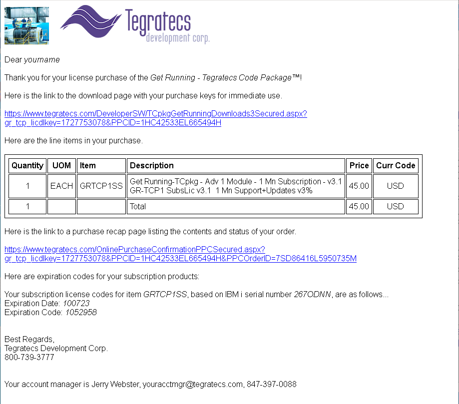 GR-TCP - Purchase Confirmation Email Example